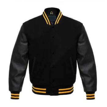 Varsity Men's Letterman Baseball Black Wool Genuine Gold Leather Sleeves Jackets
