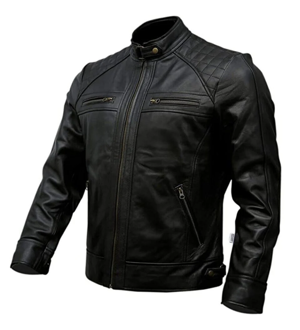 Men's Café Racer Biker Leather Jacket Black Motorcycle Genuine Leather - Image 3