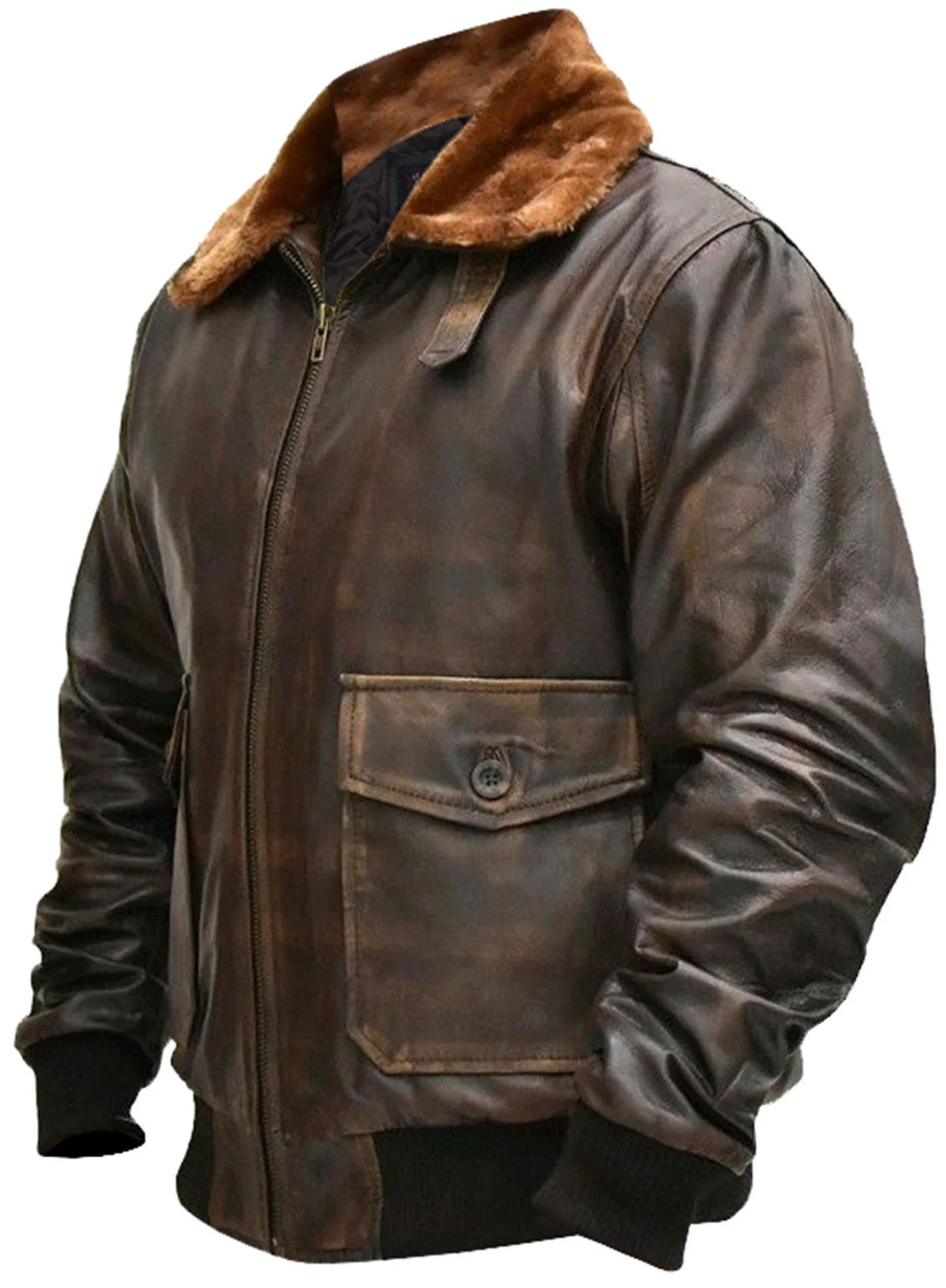 Men's A-2 Flight Aviator G-1 Distressed Brown Real Bomber Leather Jacket - Image 2
