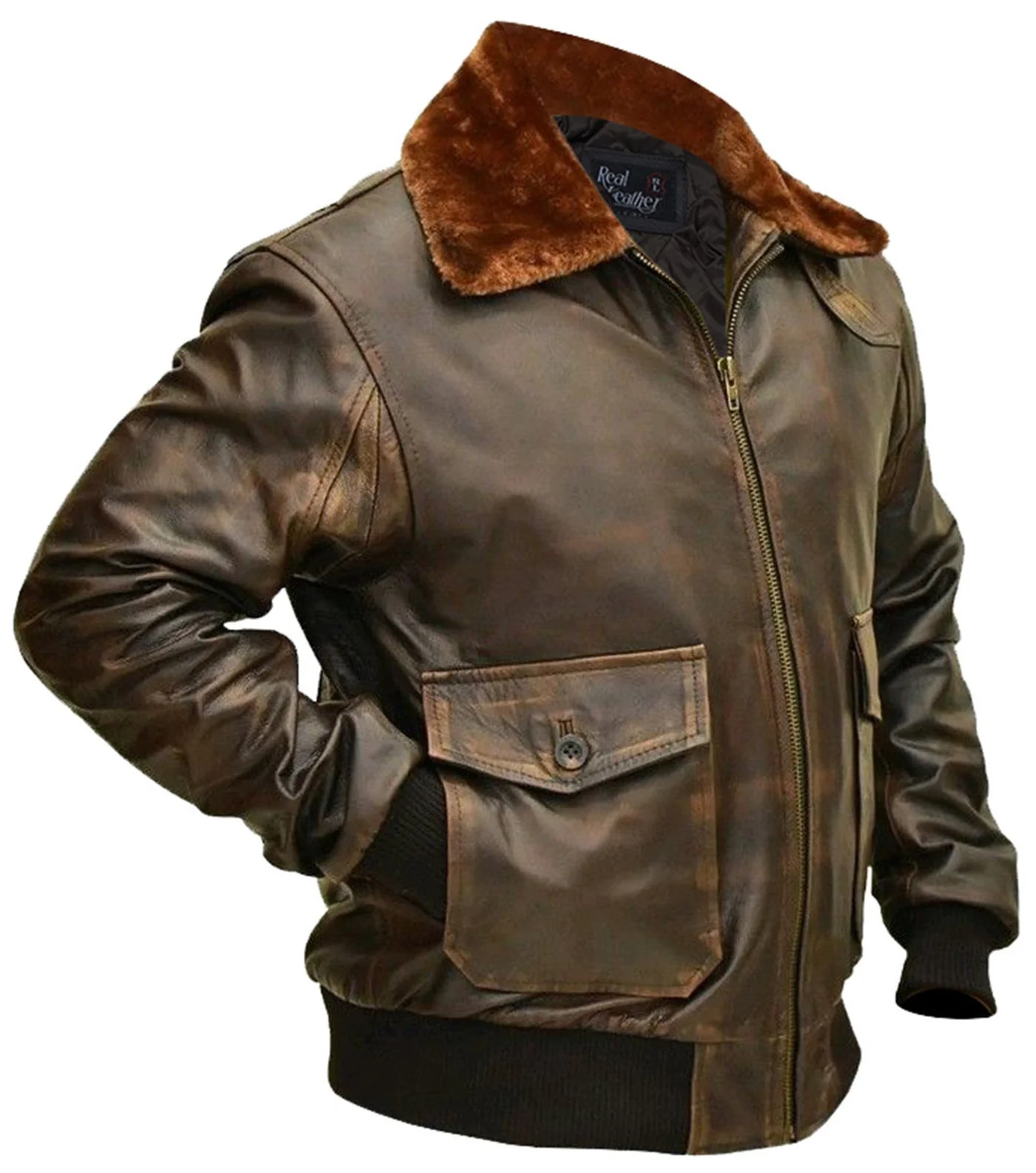 Men's A-2 Flight Aviator G-1 Distressed Brown Real Bomber Leather Jacket - Image 3