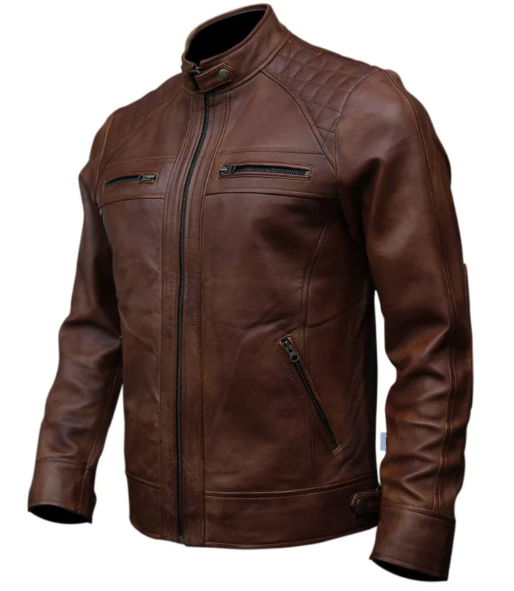 Men's Café Racer Biker Leather Jacket Brown Motorcycle Genuine Leather - Image 3