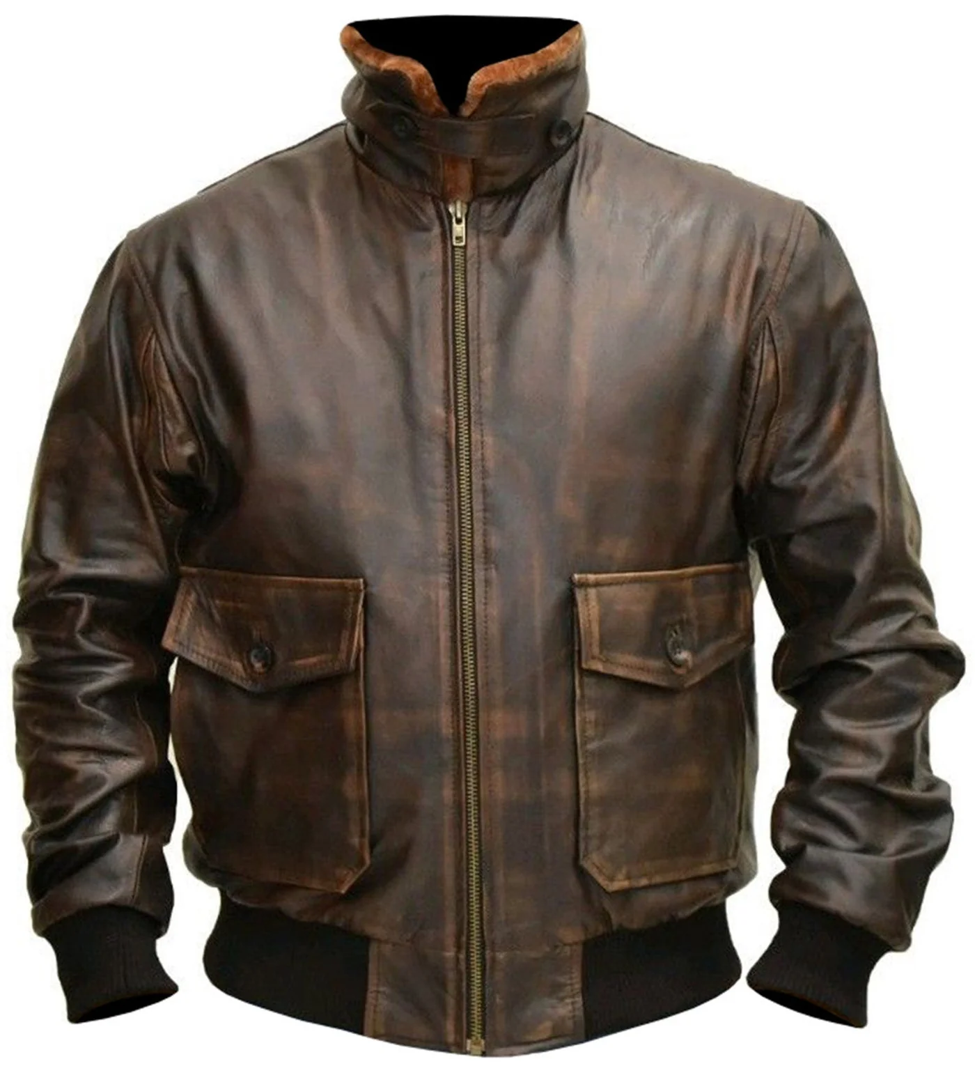 Men's A-2 Flight Aviator G-1 Distressed Brown Real Bomber Leather Jacket - Image 4