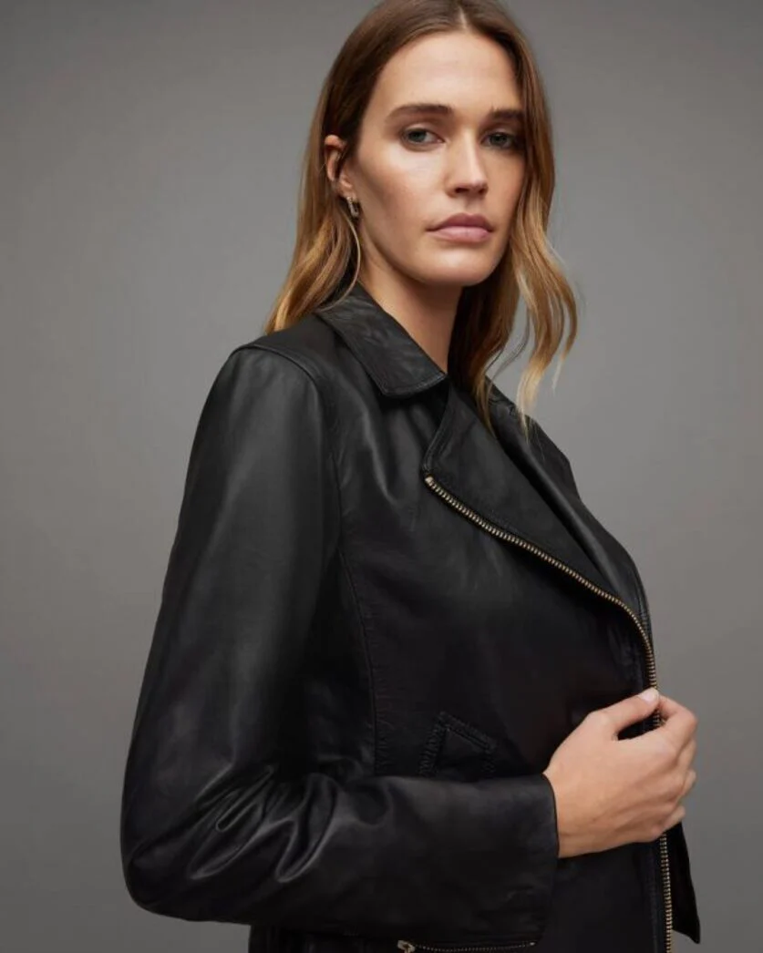 Vela Asymmetric Zip Leather Biker Jacket - Image 2