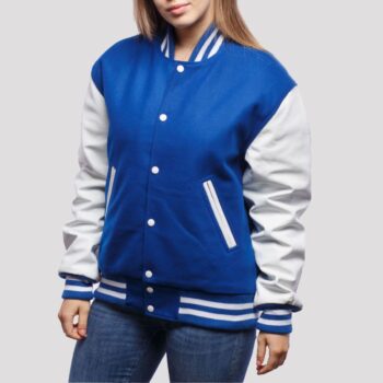 Royal Blue Wool Body & Bright White Leather Sleeves Letterman Jacket