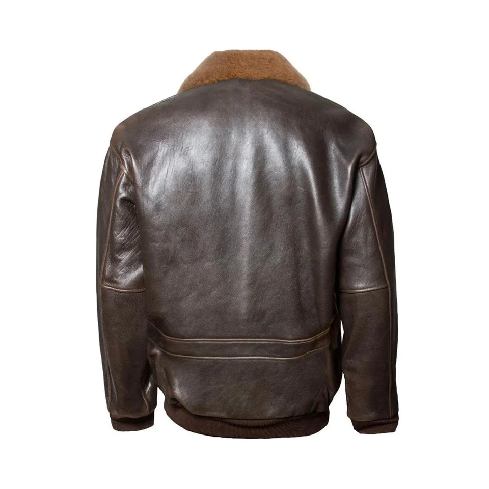 G1 Bomber Leather Jacket Detachable Fur Collar Brown Genuine Cowhide Leather Jacket - Image 2