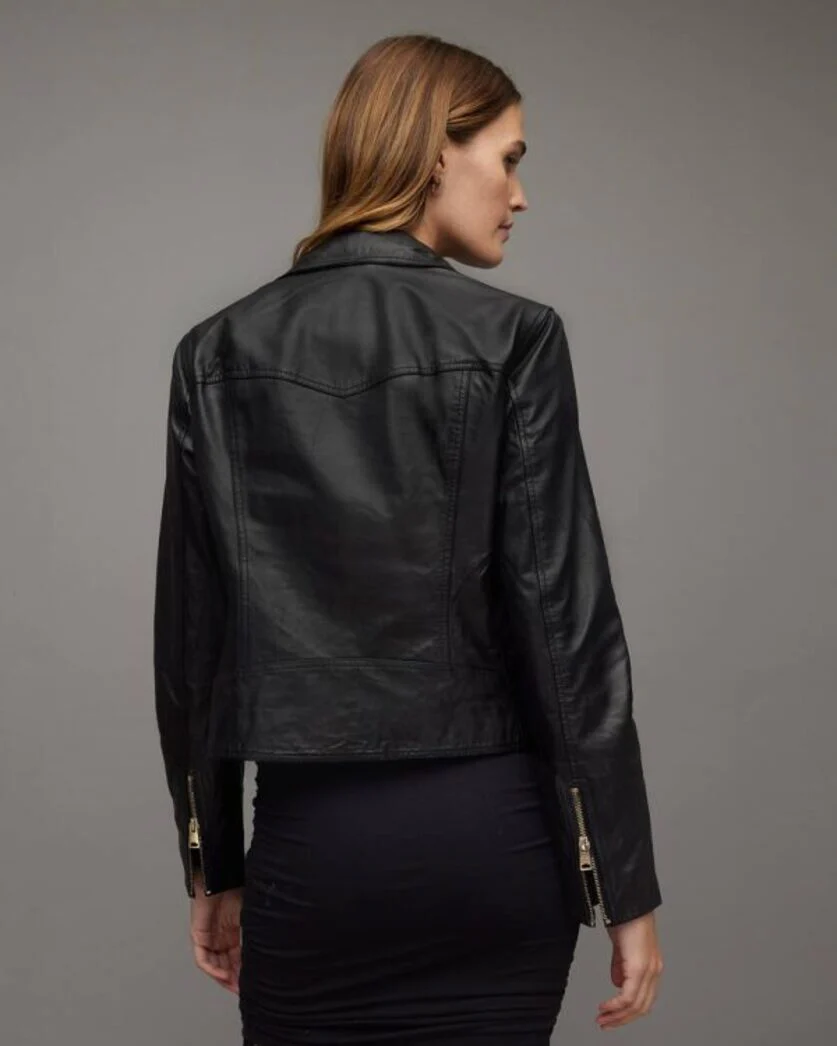 Vela Asymmetric Zip Leather Biker Jacket - Image 4