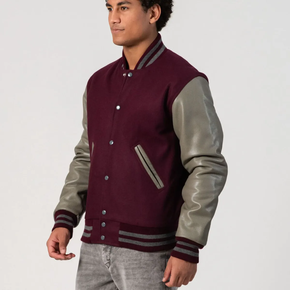 Maroon Body & Grey Leather Sleeves Letterman Jacket - Image 2