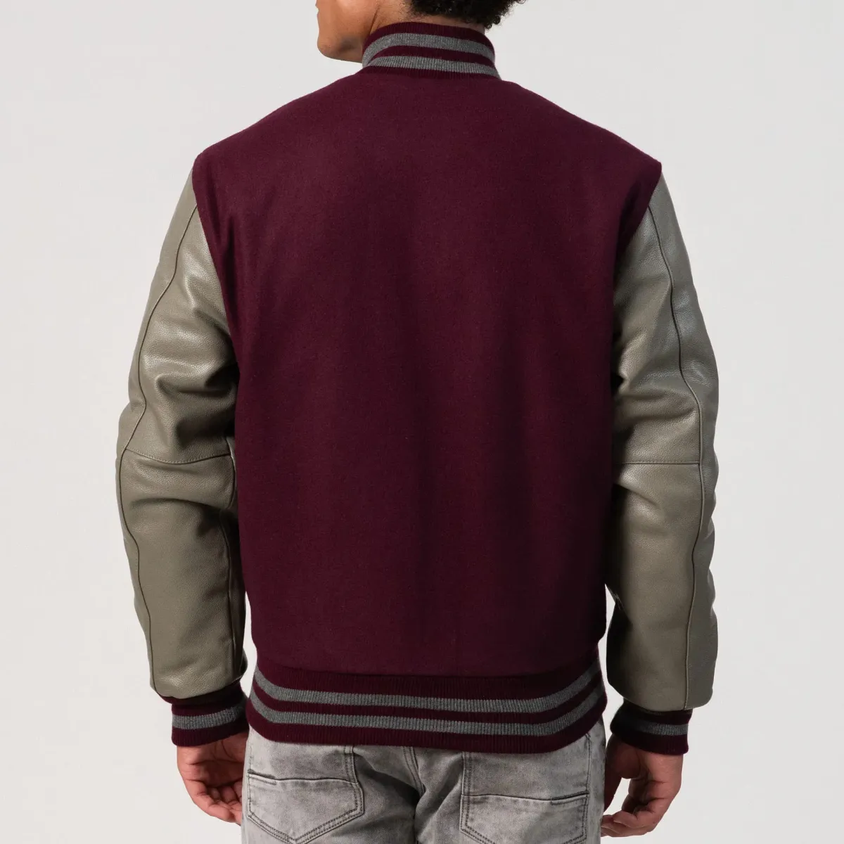 Maroon Body & Grey Leather Sleeves Letterman Jacket - Image 5