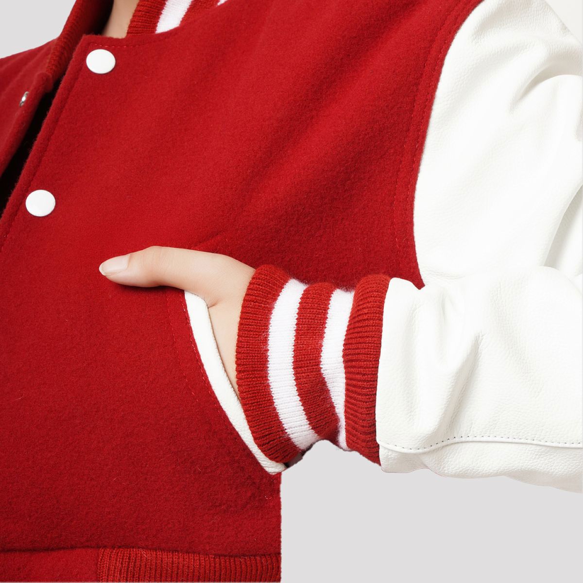 Scarlet Red & White Crop Top Letterman Jacket - Image 3