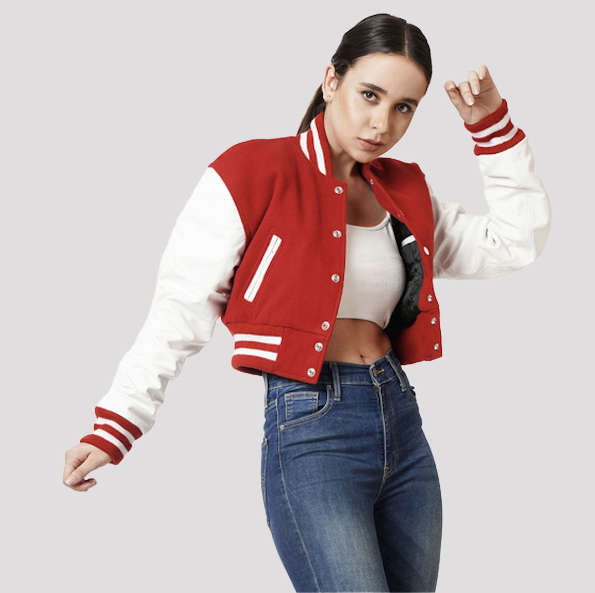 Scarlet Red & White Crop Top Letterman Jacket - Image 4