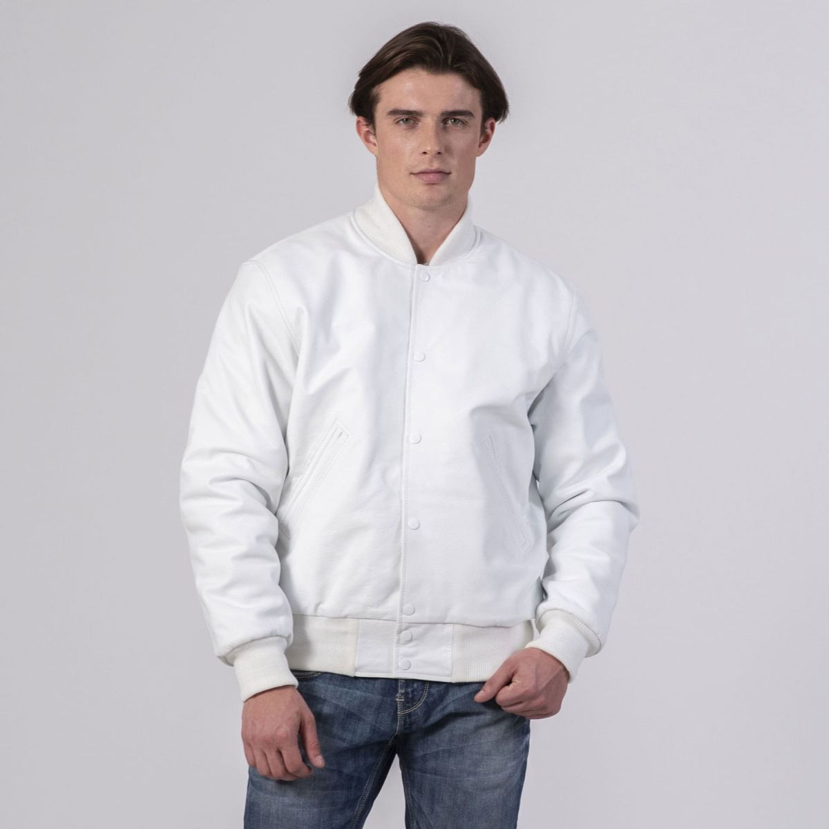 All White Leather Letterman Jacket - Image 3
